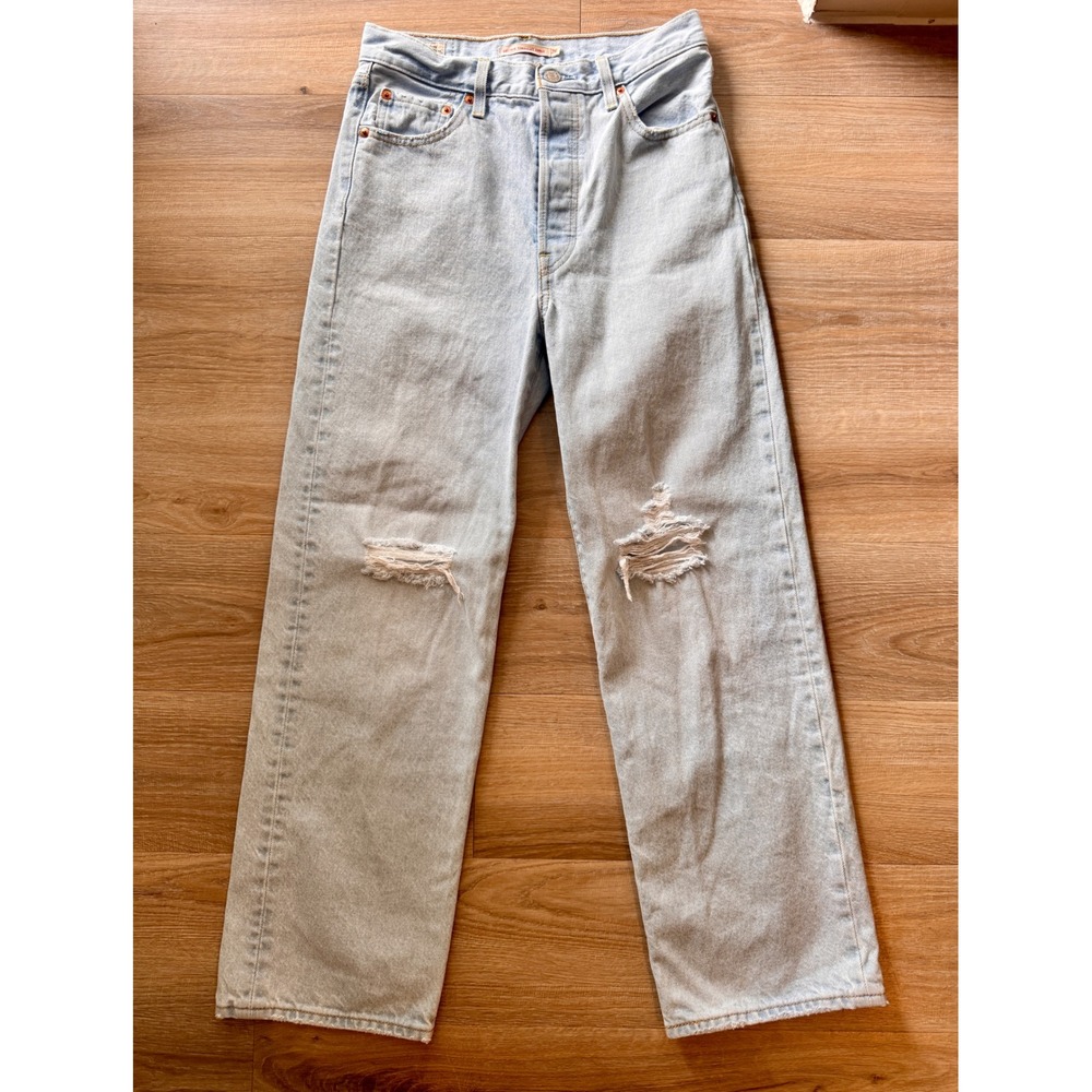 Levis Premium Ribcage Straight Ankle Jeans Light Wash Distressed 26 High Rise